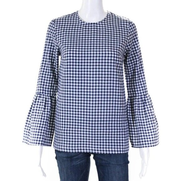 MLM Label Long Ruffle Sleeves Blue Check Blouse Size XS Back Zipper - Picture 1 of 3